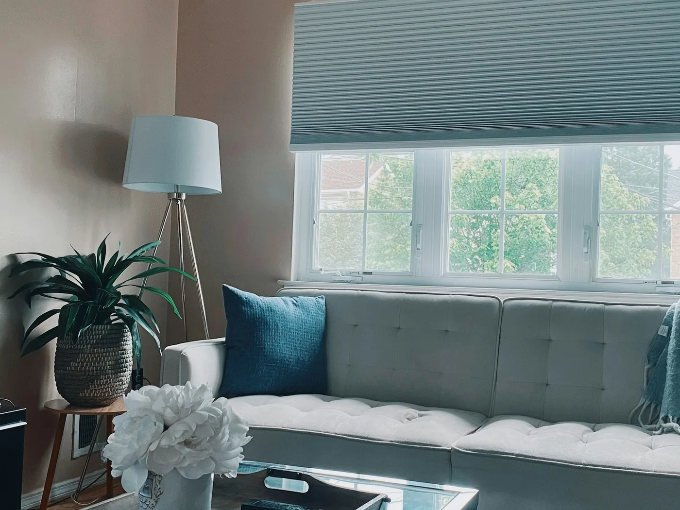 A pleated honeycomb blind half-lowered over a bright window, its cell pleats visible along the edge