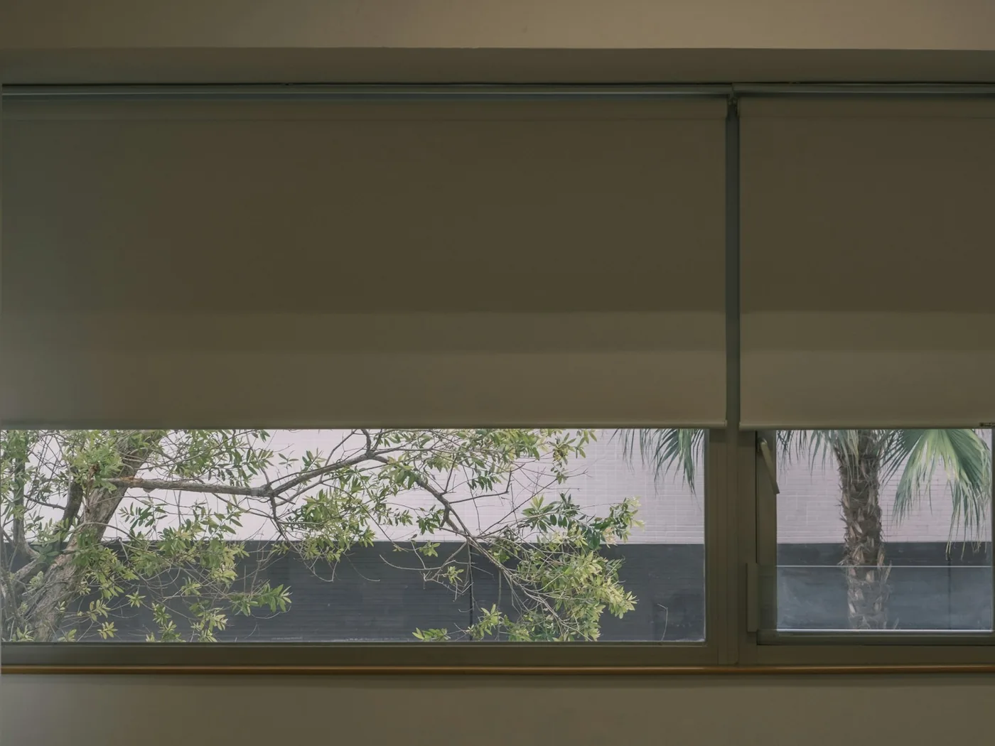 Motorised roller blinds lowered across a row of tall windows