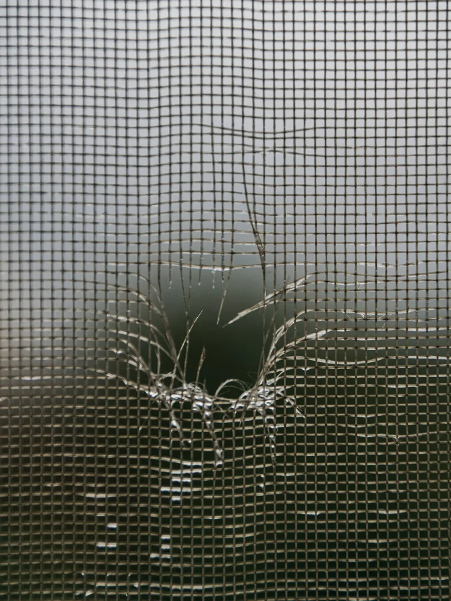 A close-up of torn insect mesh with a hole in it