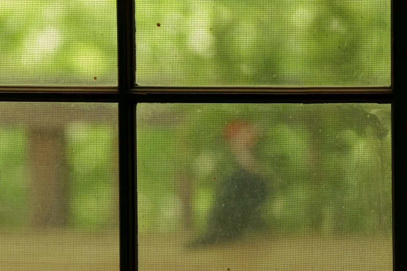 A pleated mosquito net partly drawn across a wide doorway
