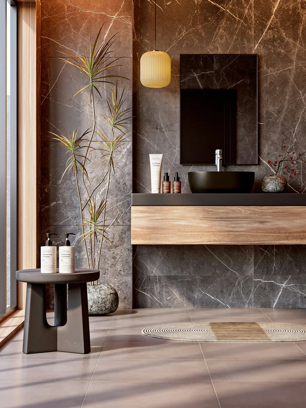 A glossy PVC marble sheet with grey veining on a living-room wall