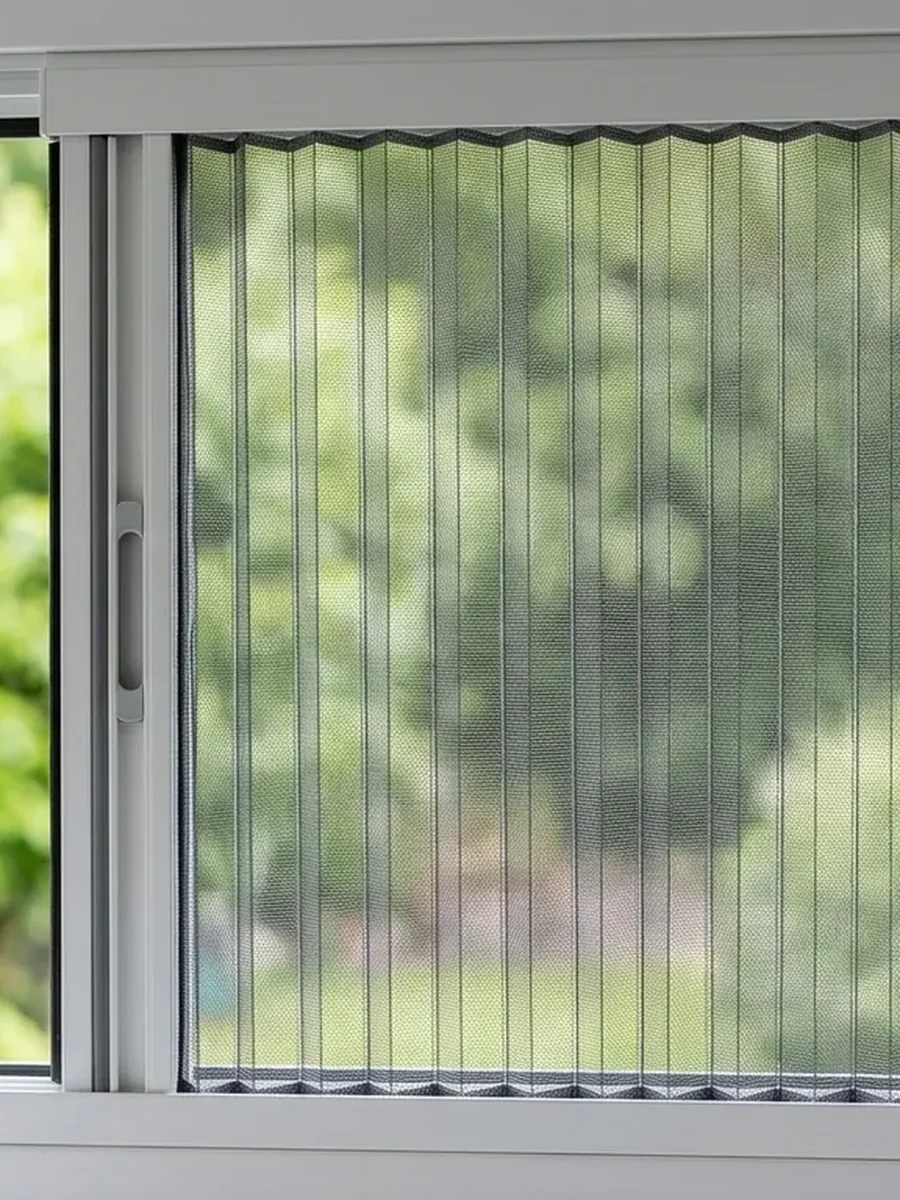 Close-up of a pleated sliding mosquito net beside its pull handle in a white aluminium track