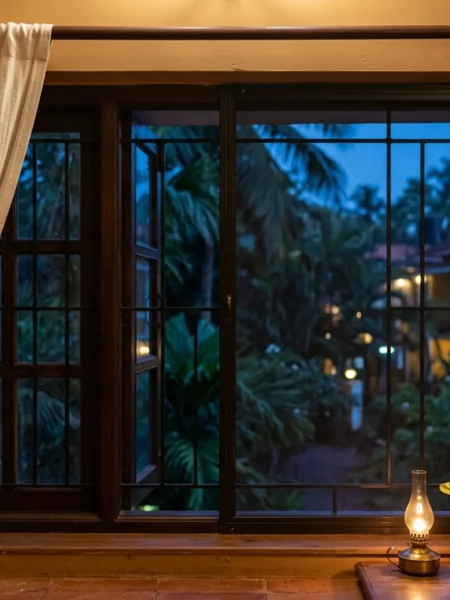 A Goan window at dusk with an insect screen and a curtain on separate tracks