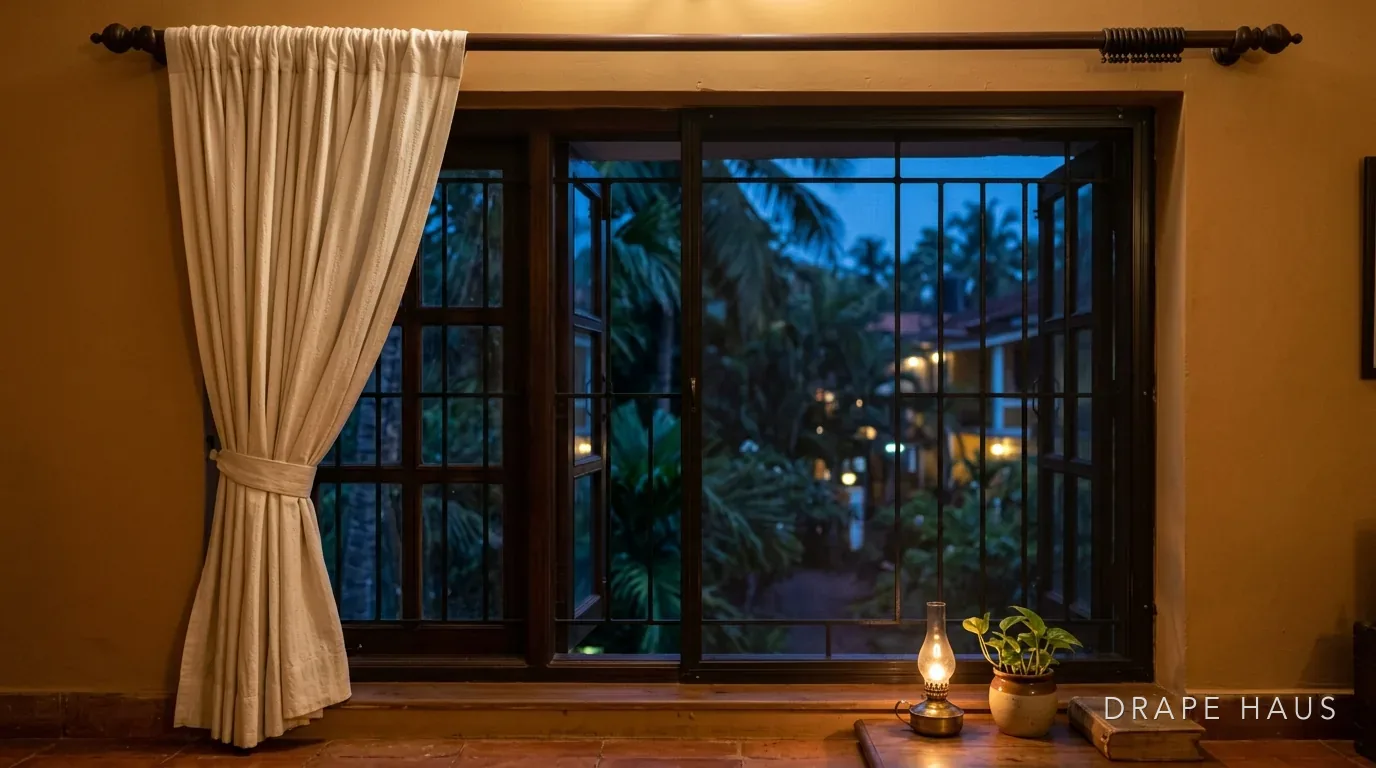 A Goan window at dusk with an insect screen and a curtain on separate tracks
