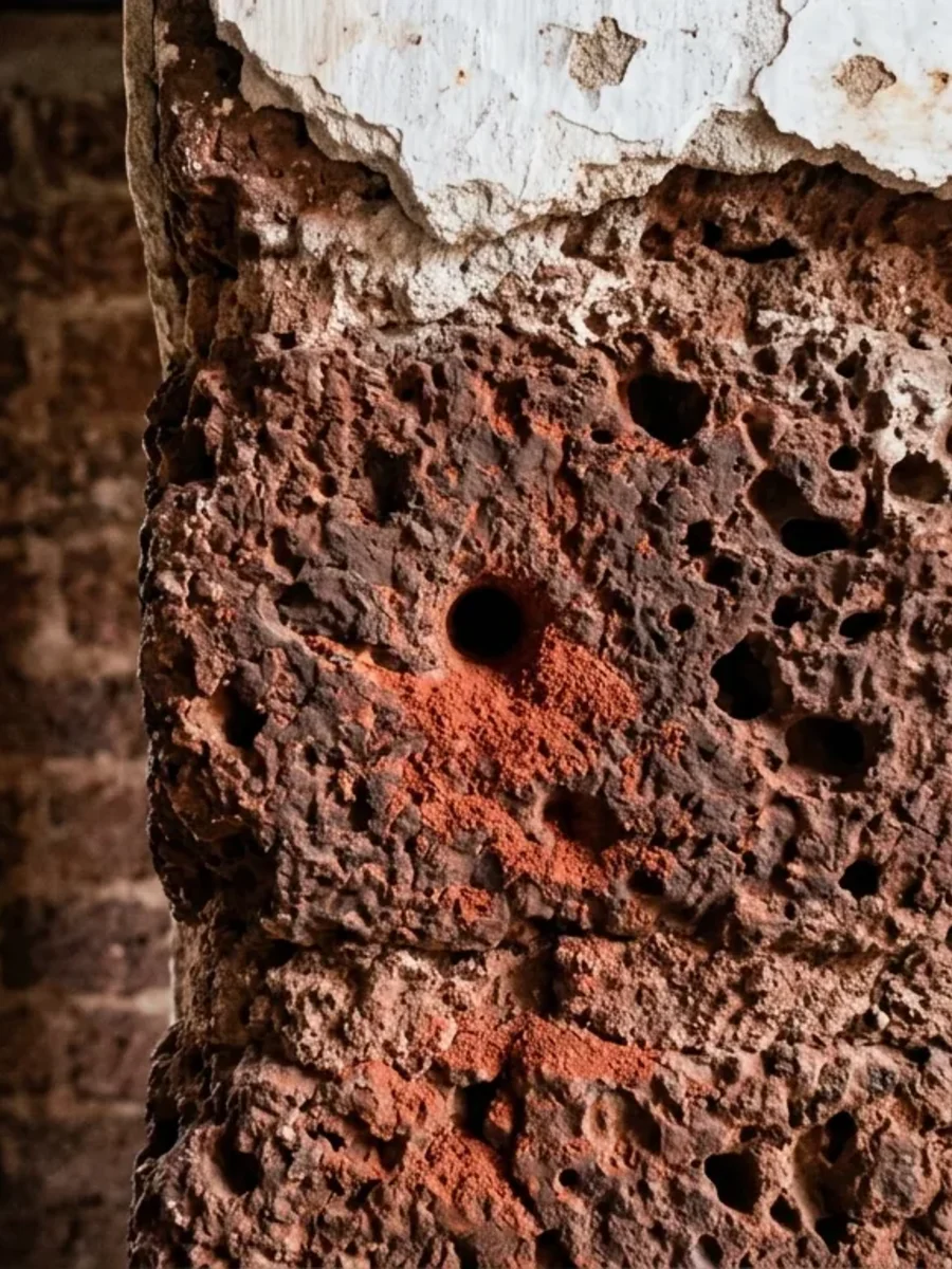 Exposed laterite stone wall with crumbling lime plaster in a Goan house