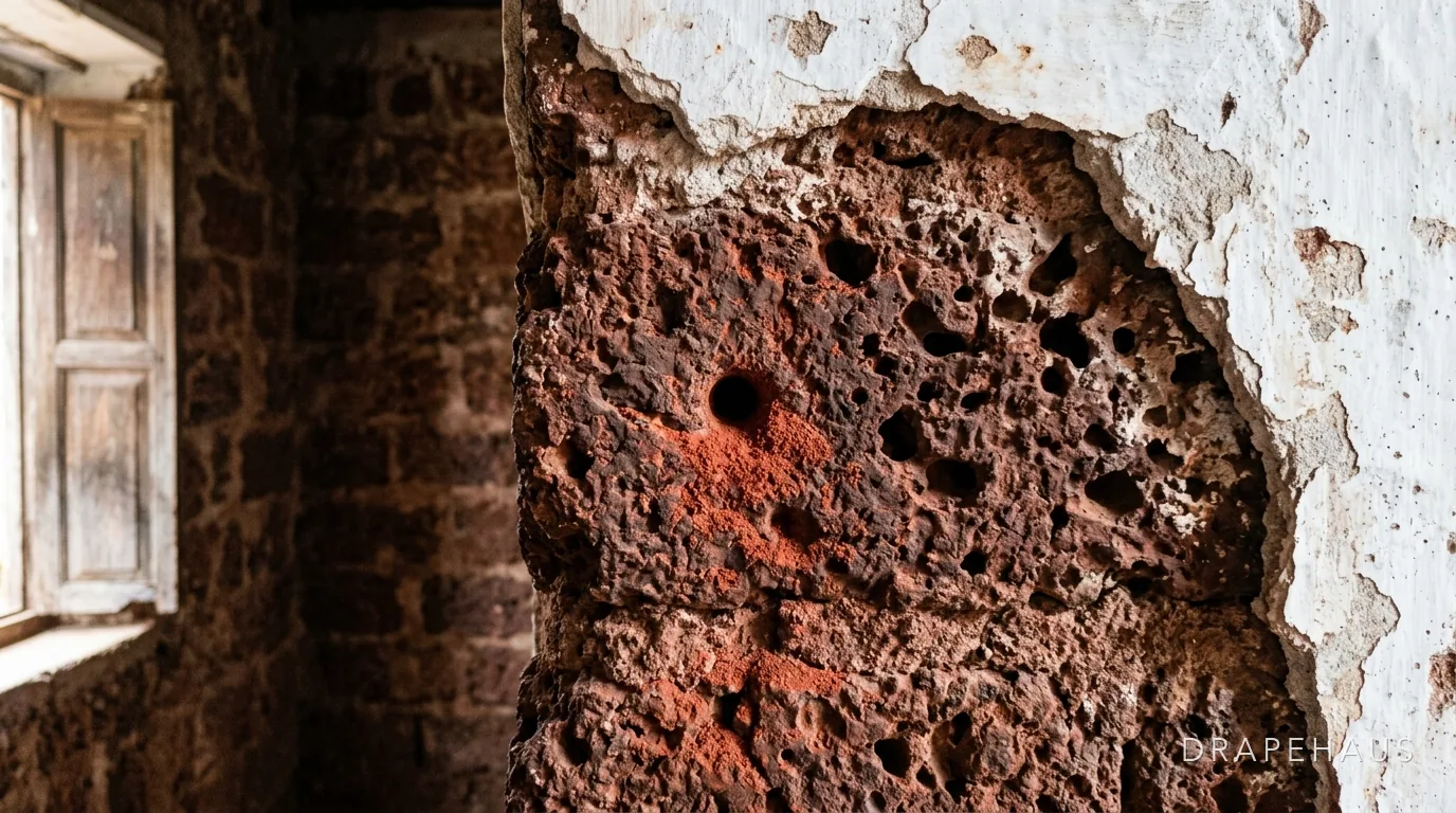 Exposed laterite blocks beneath crumbling lime plaster on an old Goan wall