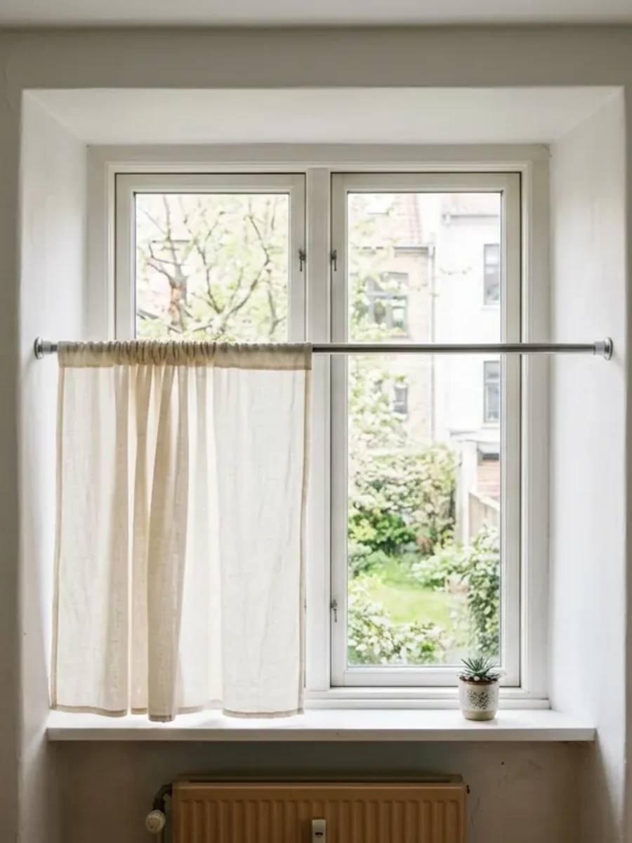 A light curtain on a tension rod inside a window reveal in a plain rented room