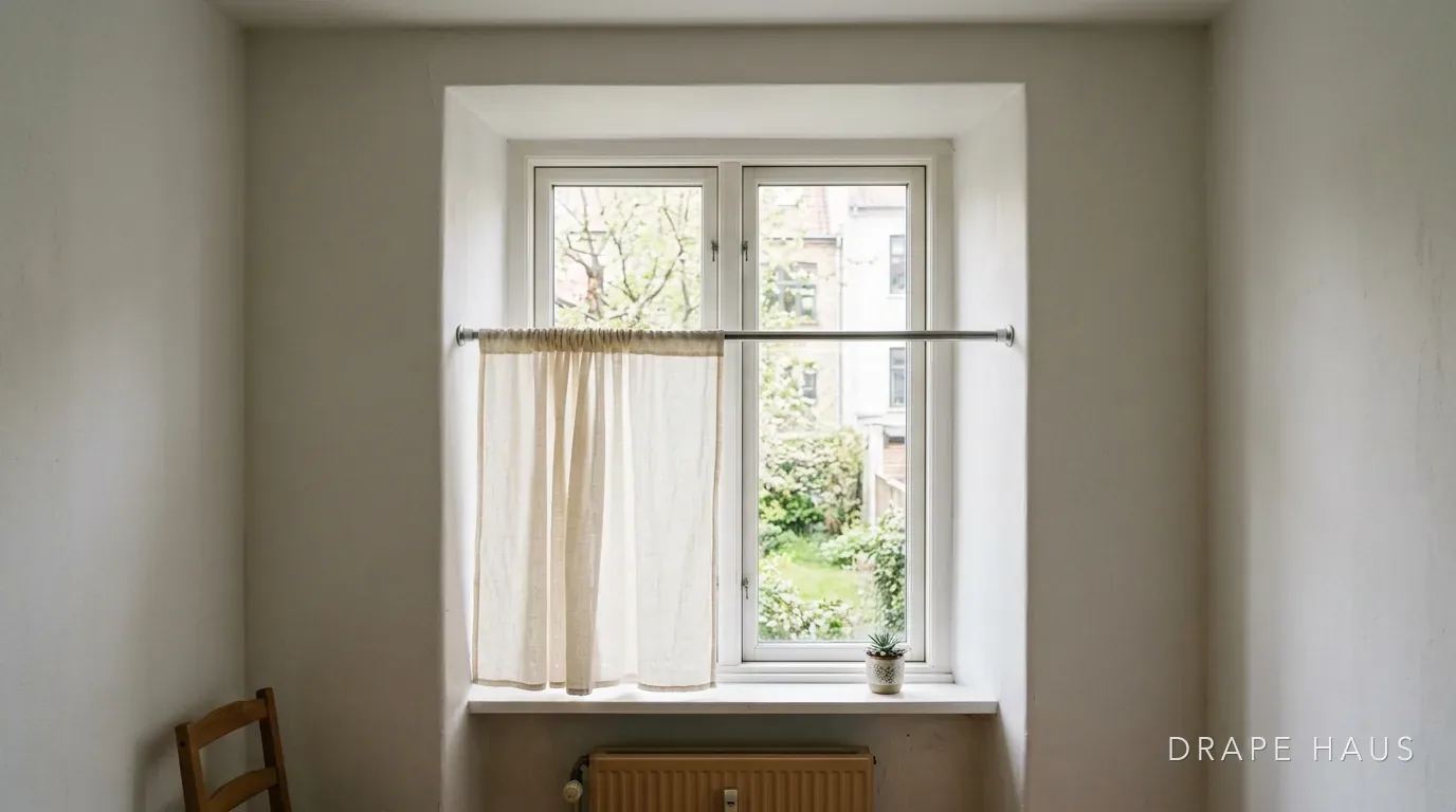 A light curtain on a tension rod inside a window reveal in a plain rented room