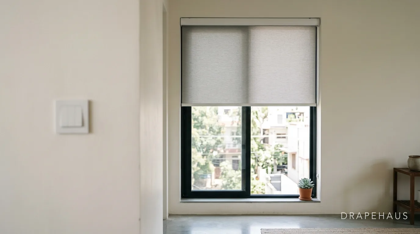 A roller blind lowered part-way over a window beside a wall switch