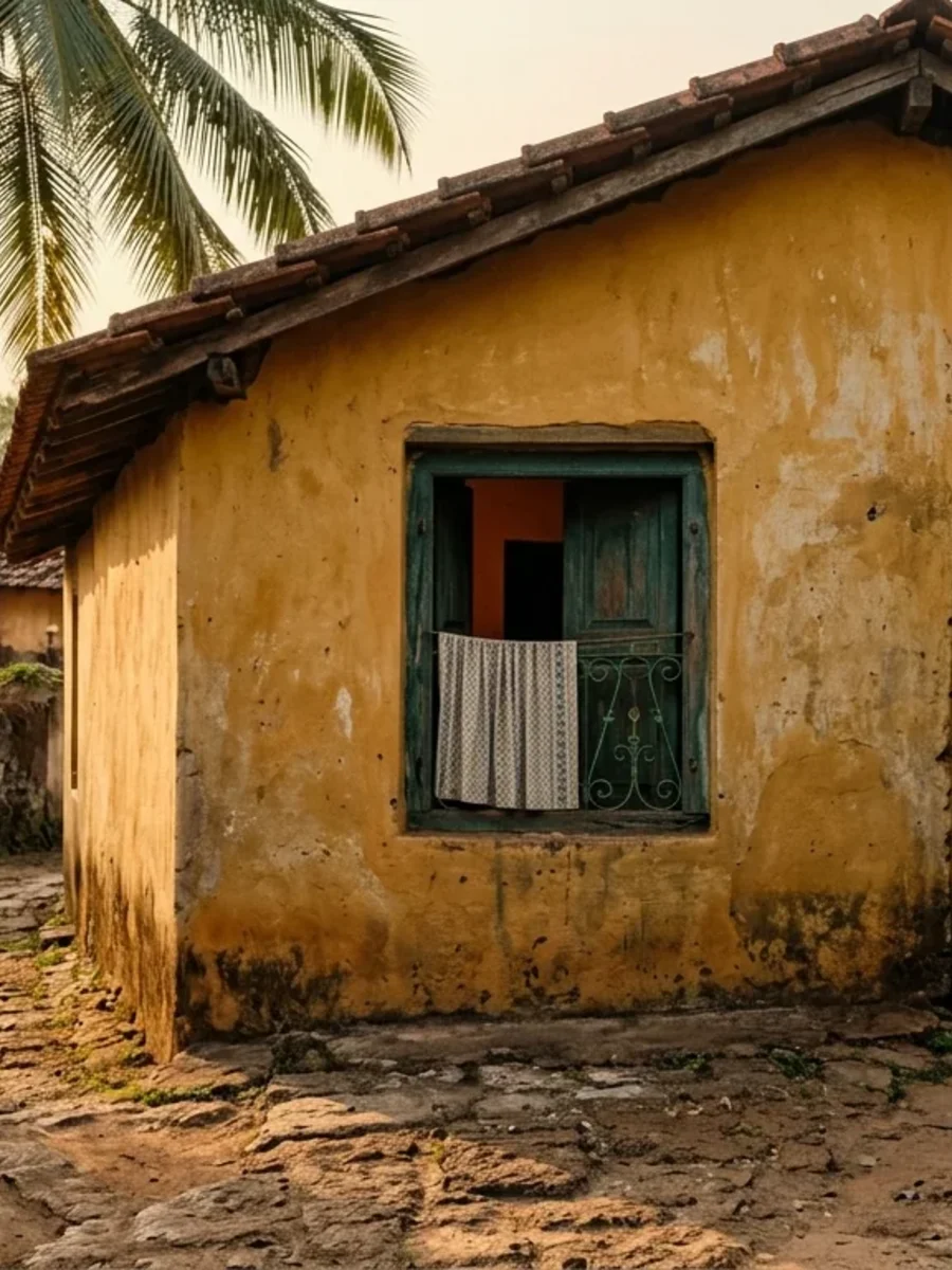 An ochre Goan village house with a small deep-set window opening onto a lane