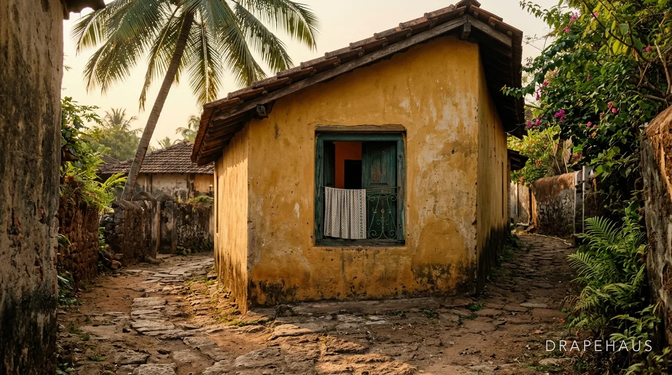 An ochre Goan village house with a small deep-set window opening onto a lane