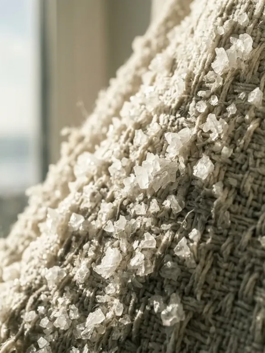 Close-up of salt crystals worked into the weave of a curtain near the sea