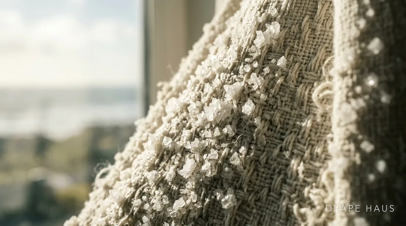 Salt crystals encrusted on woven curtain fabric beside a coastal window