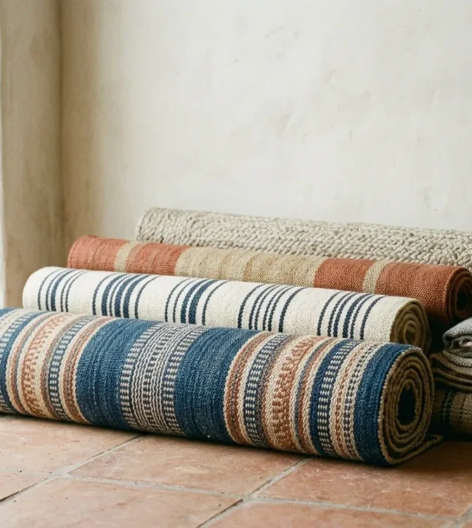 Rolled cotton and jute rugs in indigo, rust and cream on a terracotta floor
