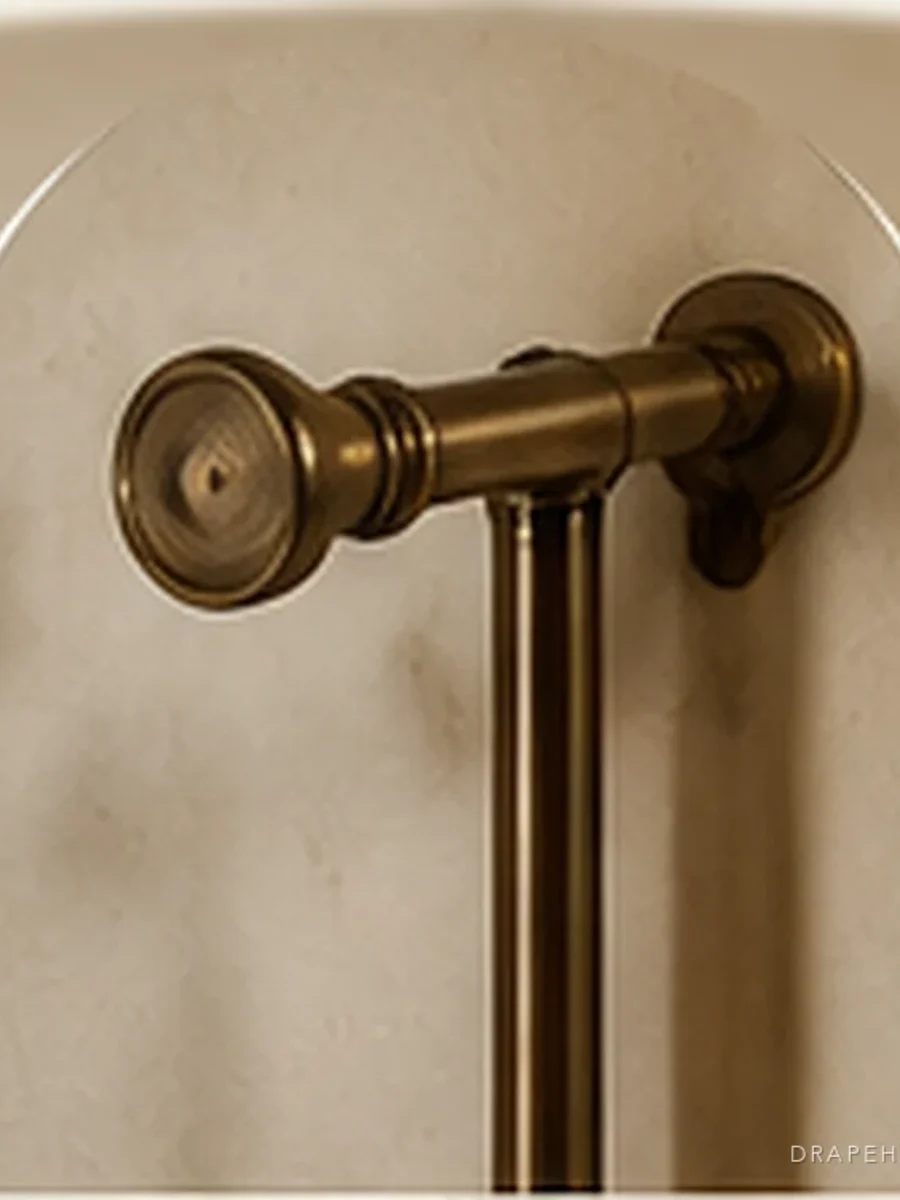 An antique brass curtain pole and finial on a lime-plastered wall