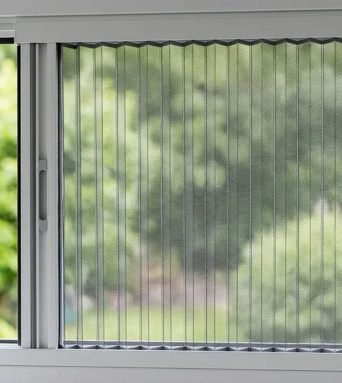 A pleated sliding mosquito net drawn across a window in a white aluminium track