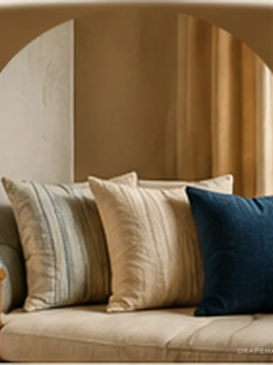 A run of striped, plain and indigo cushions along a linen sofa