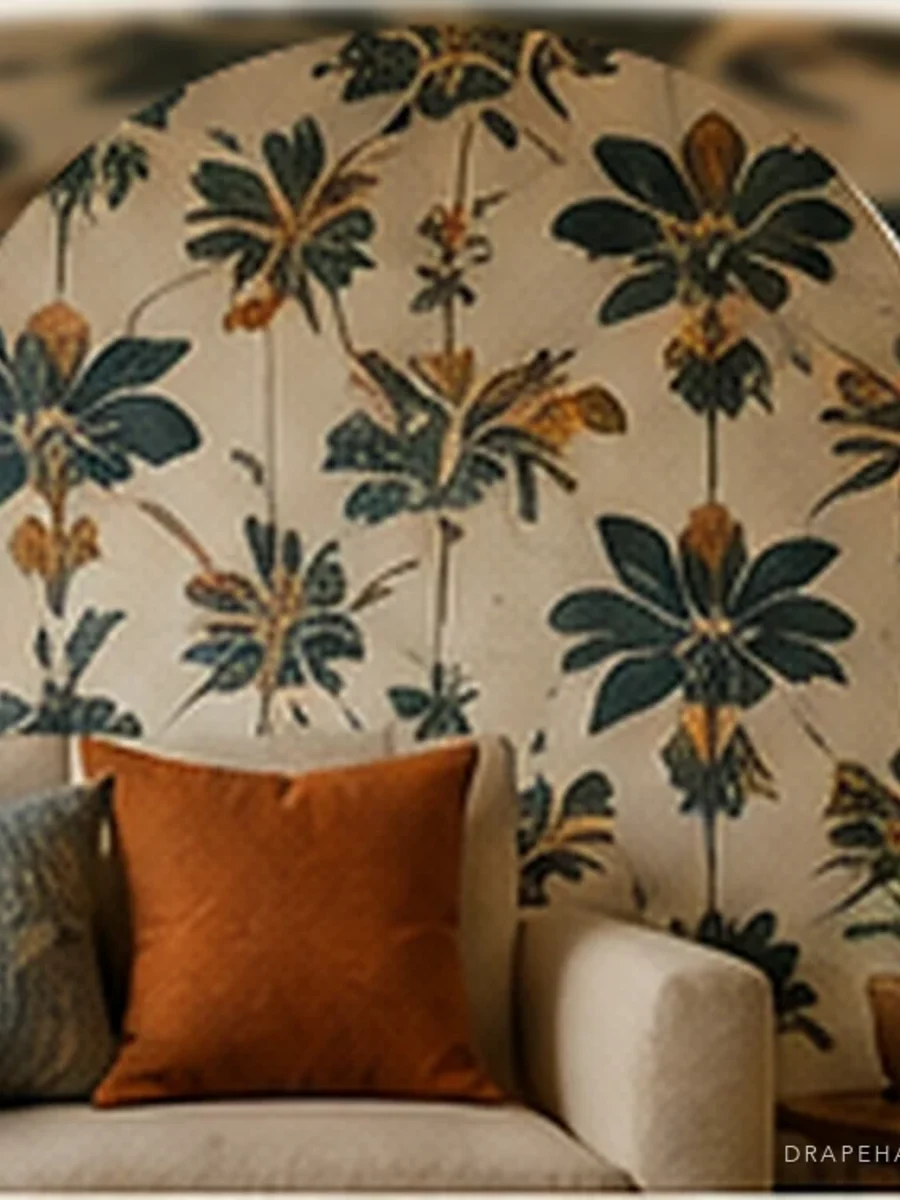 Indigo and ochre botanical wallpaper behind a low armchair