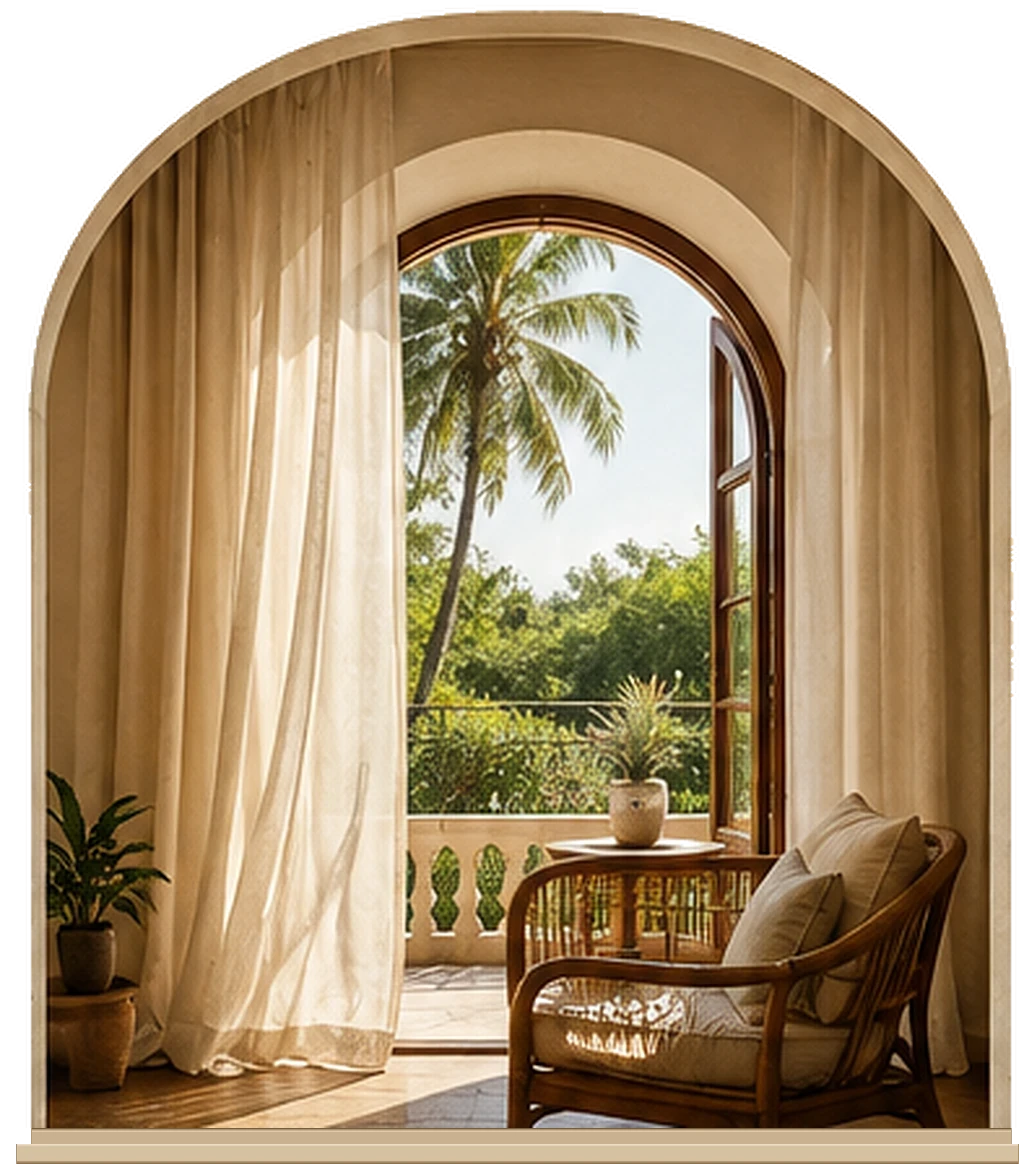 An arched Goan veranda: sheer curtains drawn back from open timber doors, a rattan chair, and coconut palms beyond the balcony