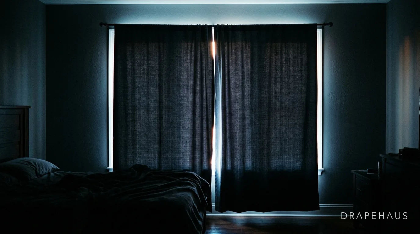 A bedroom darkened by lined blackout curtains with a thin line of daylight at the edge