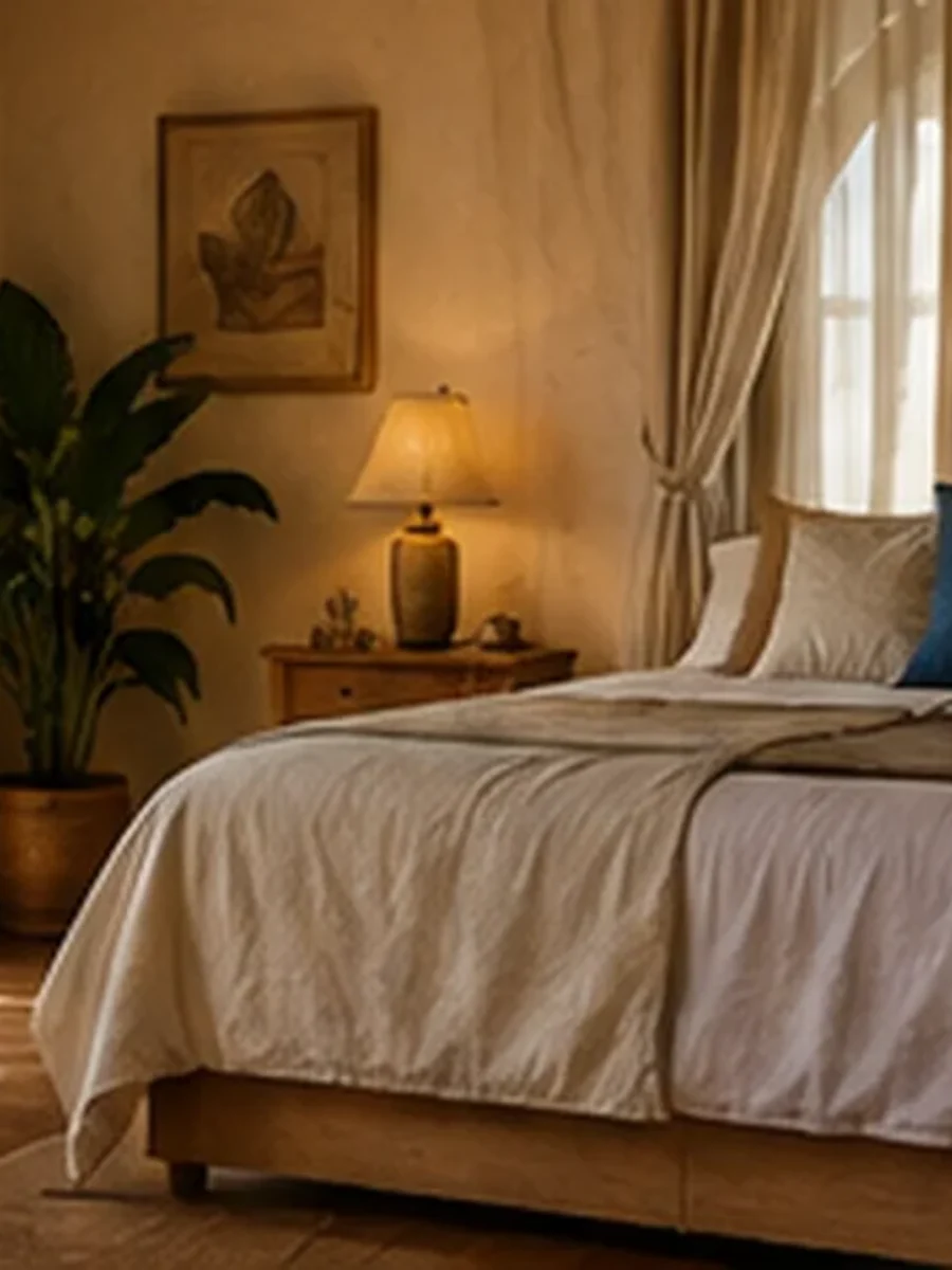 A bedroom seen through an arched doorway, with lined curtains and a sheer
