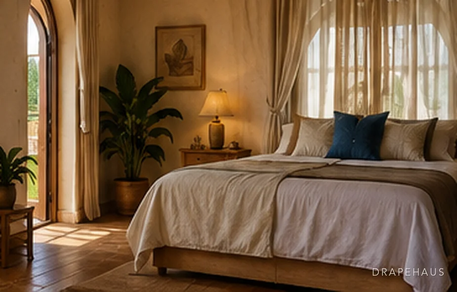 A bedroom seen through an arched doorway, with lined curtains and a sheer