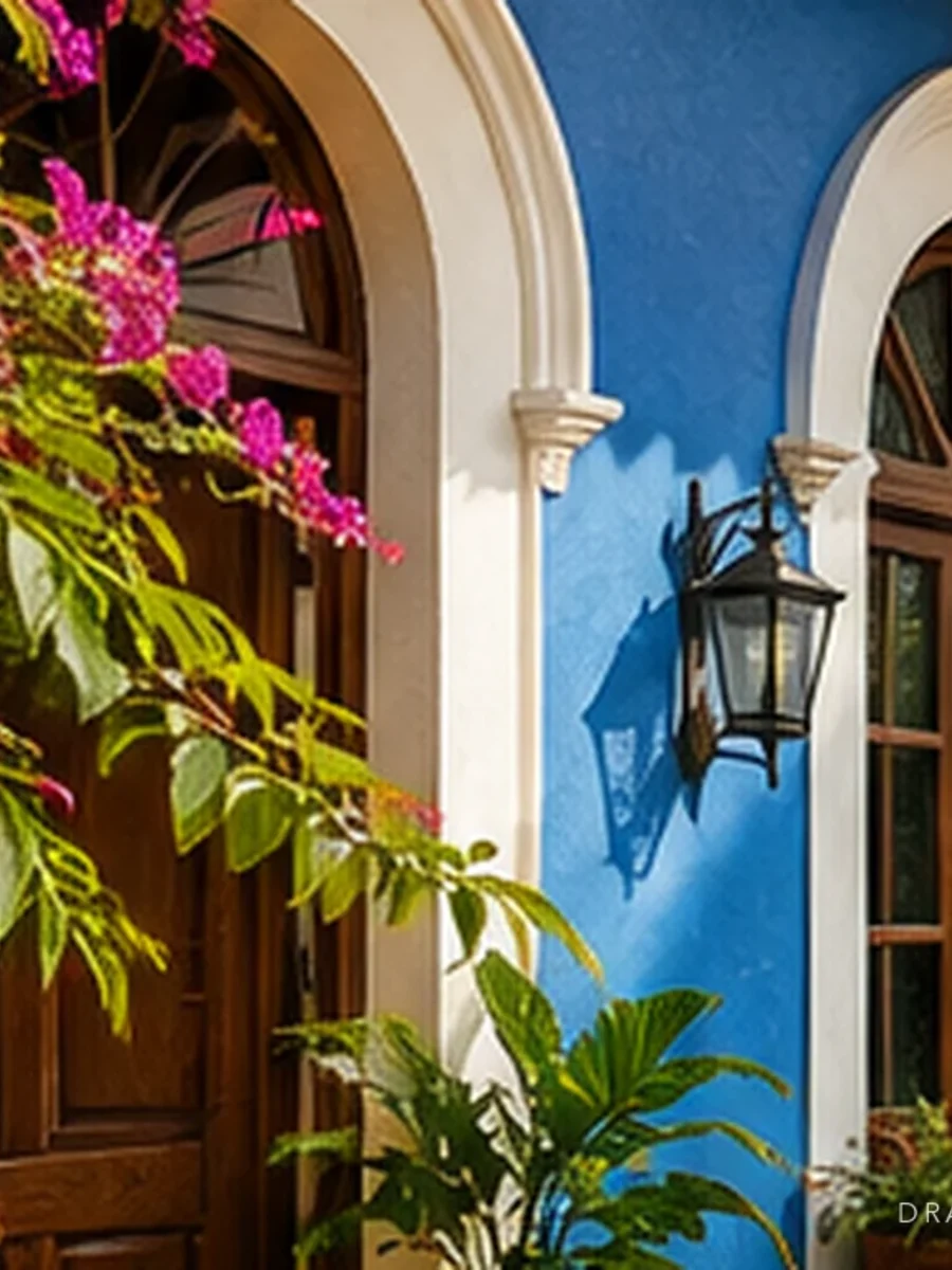Bougainvillea against the cobalt-washed wall of a Goan house beside arched timber doors