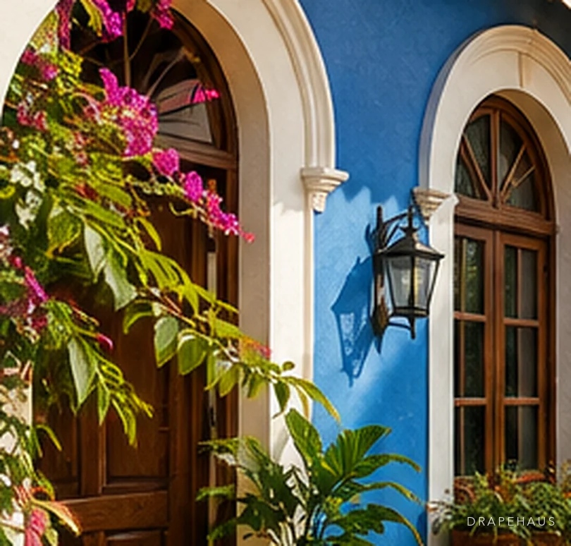 Bougainvillea against the cobalt-washed wall of a Goan house beside arched timber doors