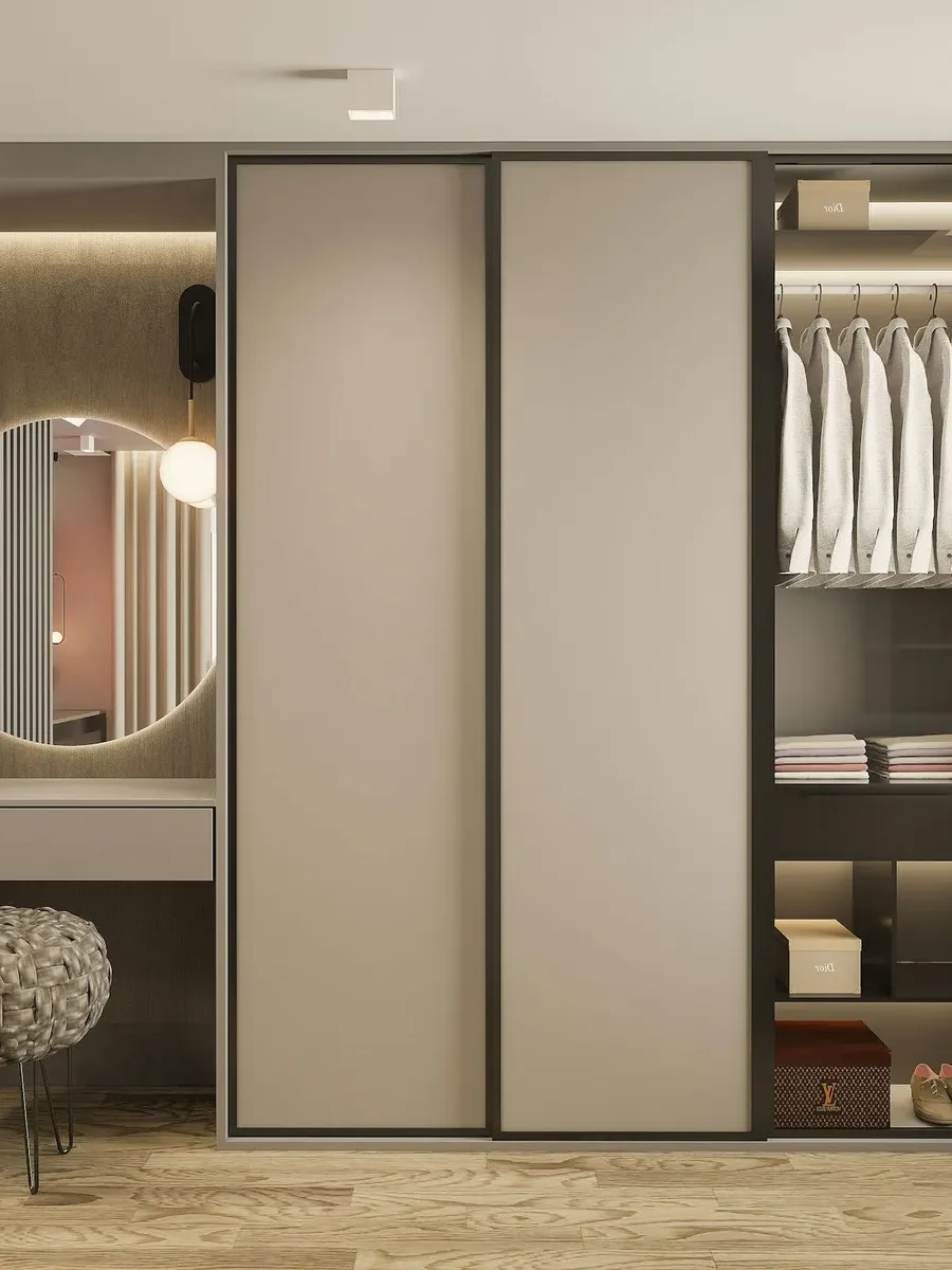Built-in wardrobe with white shirts hanging behind glass, shelves and a round dressing mirror