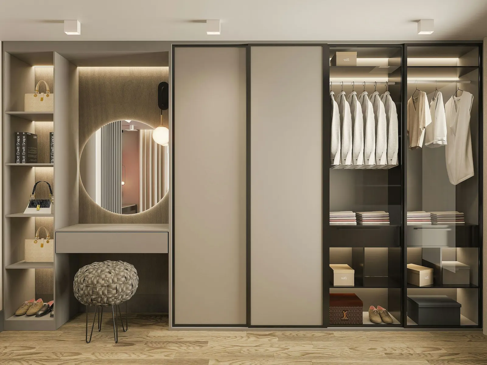 Built-in wardrobe with white shirts hanging behind glass, shelves and a round dressing mirror