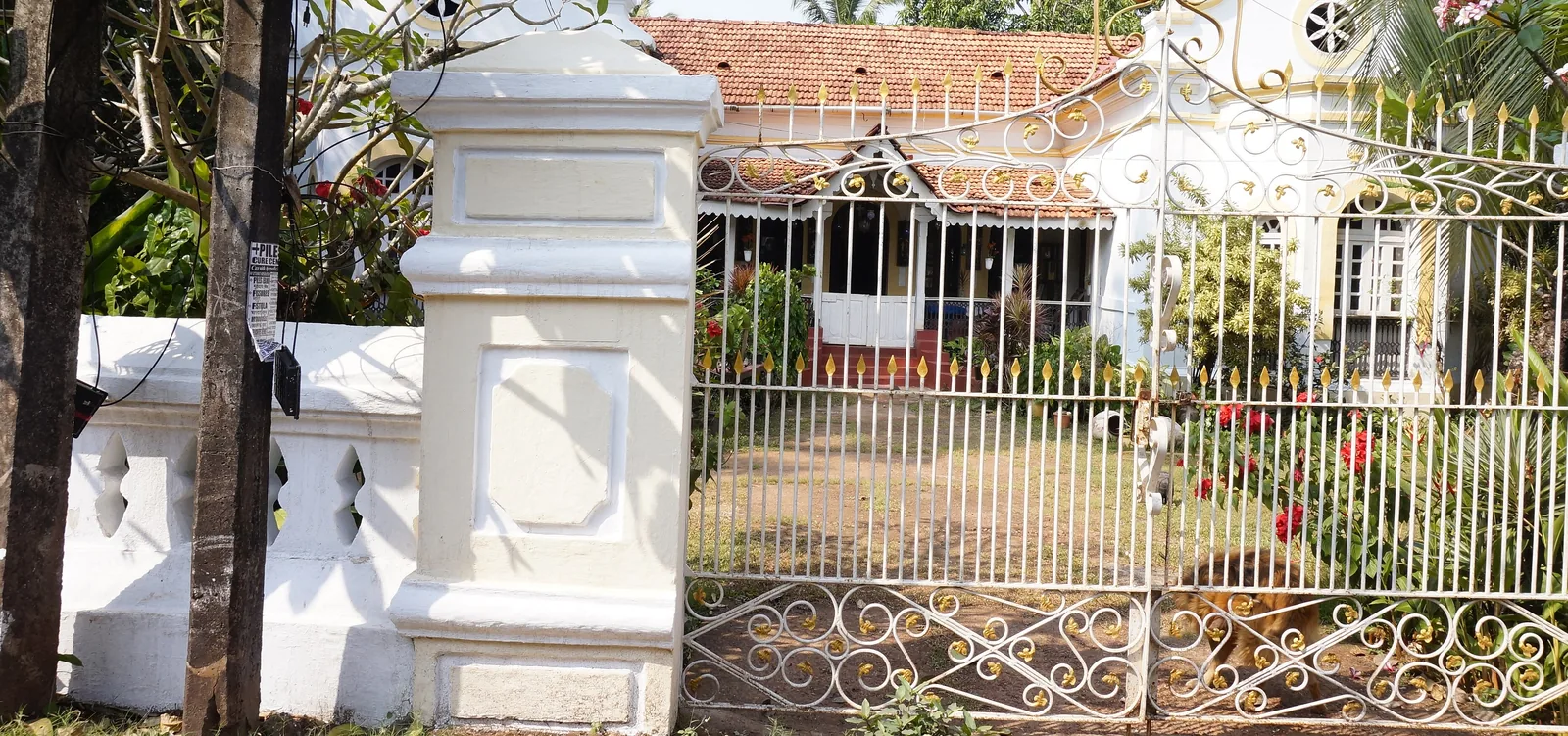 Whitewashed compound wall, square gate pillar and scrolled iron gate in front of a Goan house in Santa Cruz