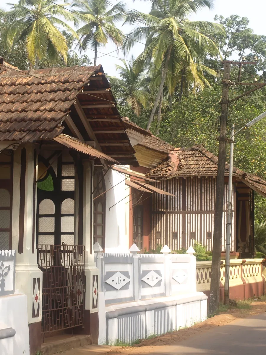 Tiled-roof village houses behind white compound walls on a palm-lined road in Saligao, Bardez
