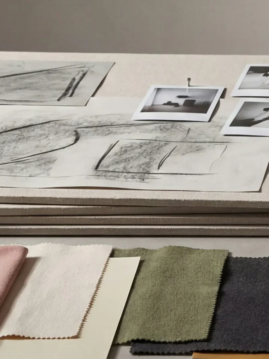 Sketches and pinned photographs on boards above a row of linen fabric swatches
