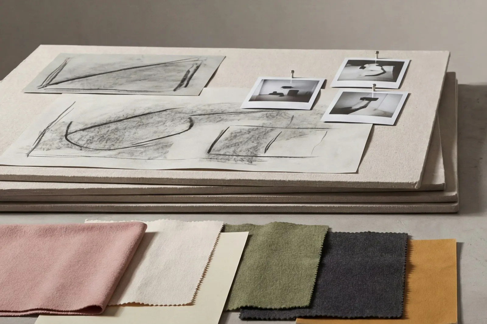 Sketches and pinned photographs on boards above a row of linen fabric swatches