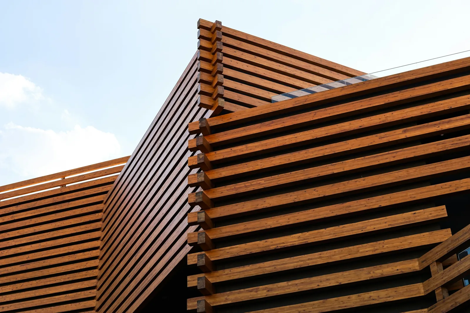Exterior of a building wrapped in horizontal timber louvre slats against a pale sky
