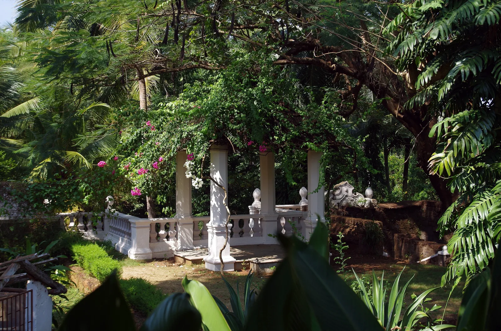 The garden of the Palácio do Deão in Quepem, with white pillared balustrades under bougainvillea and palms