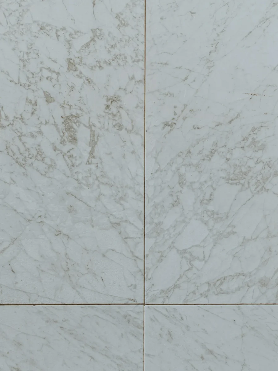 White marble wall slabs with grey veining, the joints between the panels clearly visible