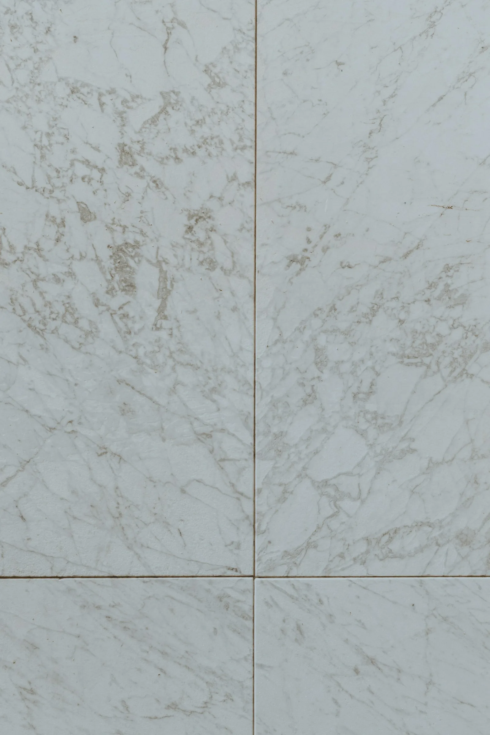 White marble wall slabs with grey veining, the joints between the panels clearly visible