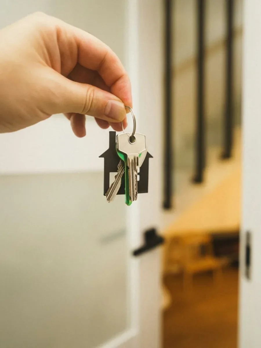 A hand holding a set of house keys on a house-shaped keyring beside an open white door