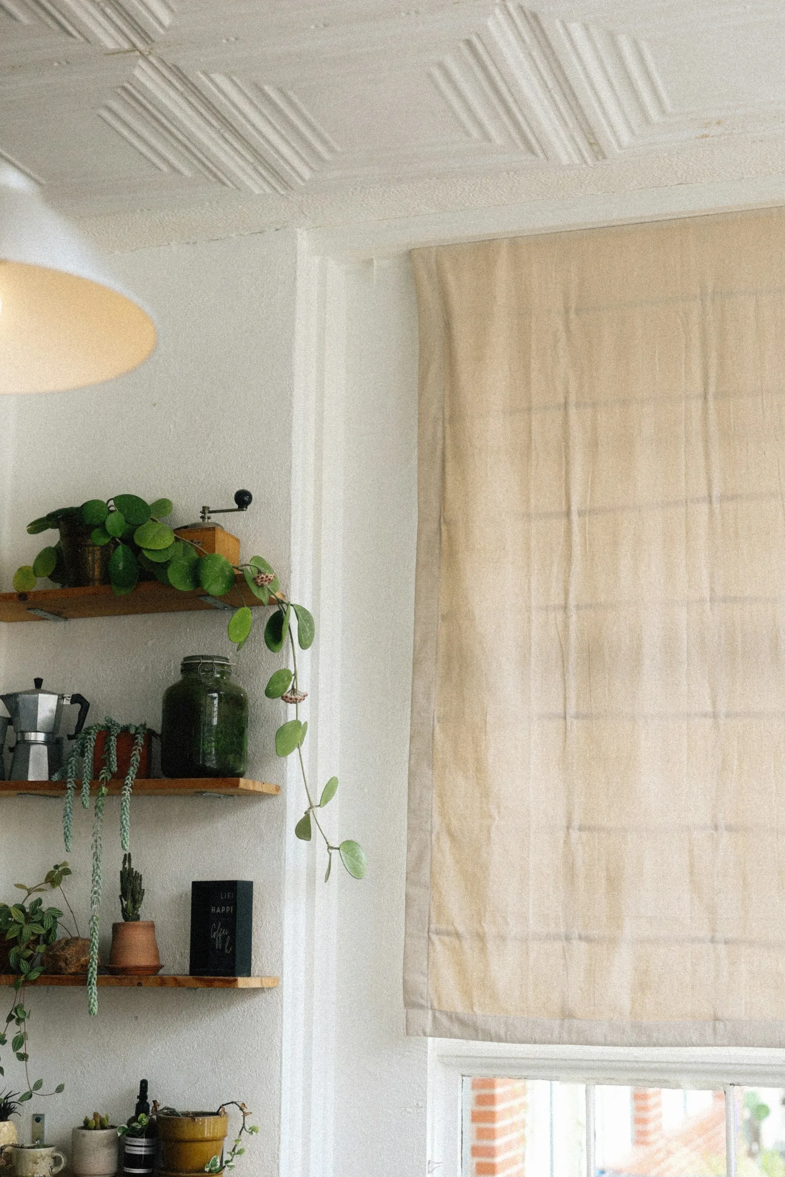 A linen Roman blind lowered over a tall window beside open shelves of plants and coffee things