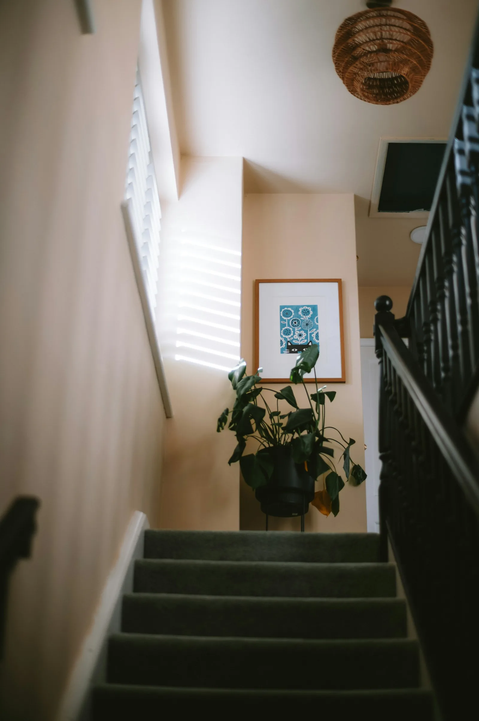 A staircase with a peach-toned wall, black balustrade, framed print, potted plant and rattan pendant