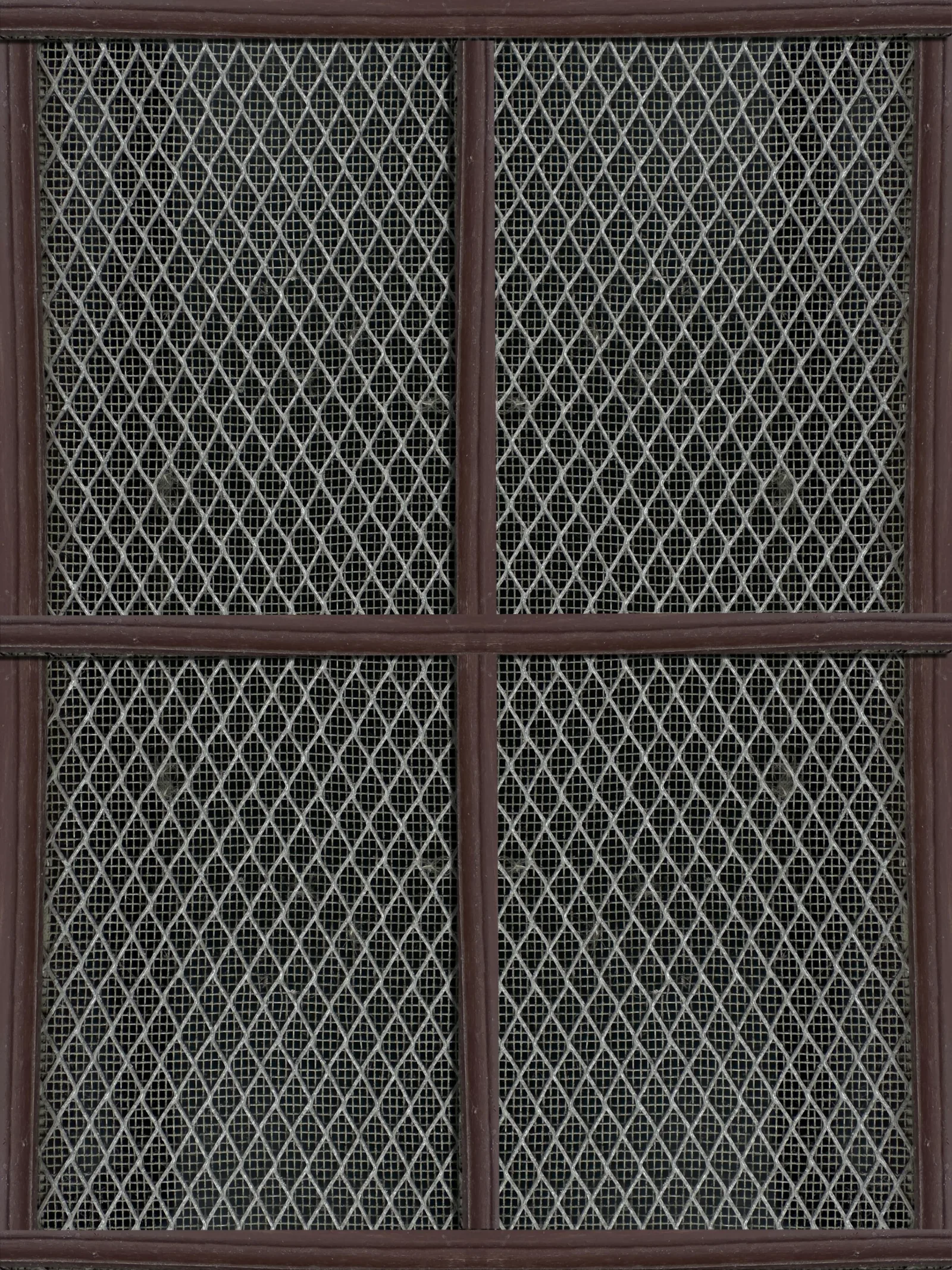 A window fitted with diamond-pattern insect mesh panels in a dark wooden frame