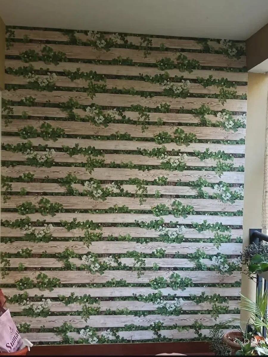 Patterned wallpaper on a semi-open balcony wall