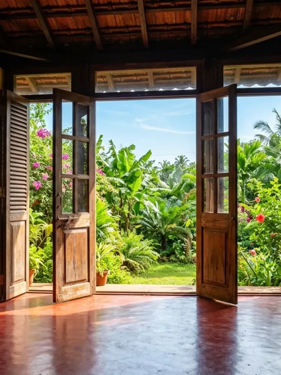 A Goan house opened up after the monsoon, doors wide to bright green outside