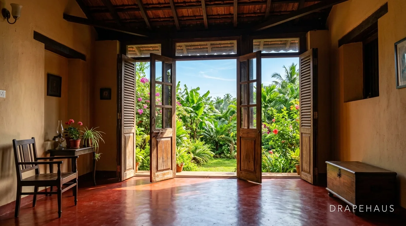 A wide room with a timber floor opening onto a green garden after the rains