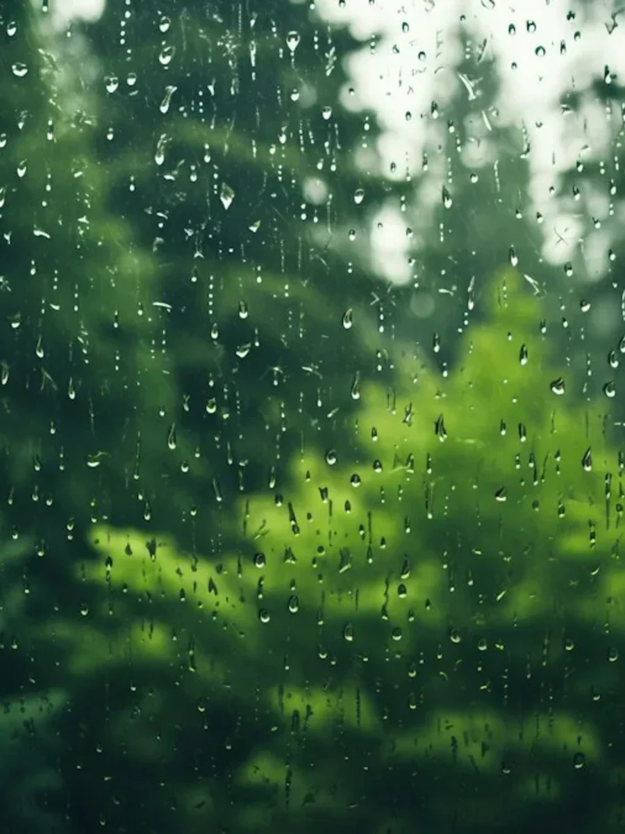 Monsoon rain streaming down a window with dense green foliage beyond