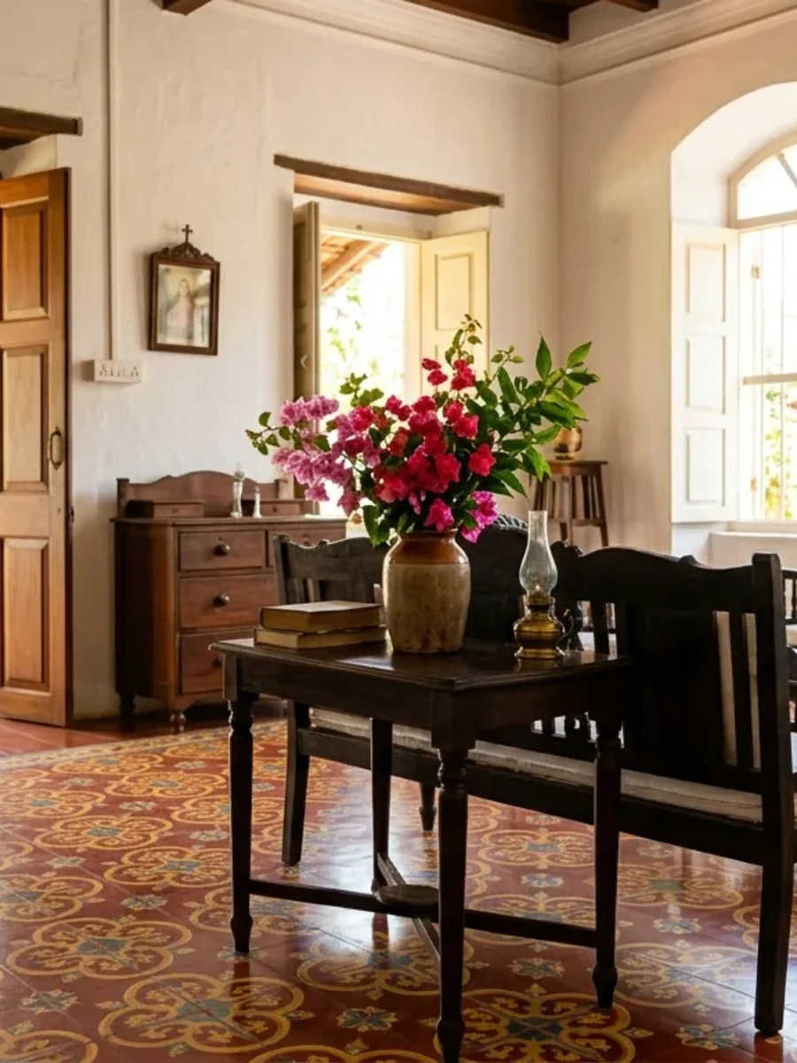 A bright, freshly cleaned Goan interior with carved furniture and fresh flowers