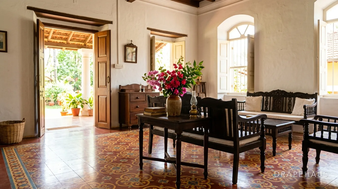 A sunlit Goan living room with a sofa, armchairs and open doors to the garden