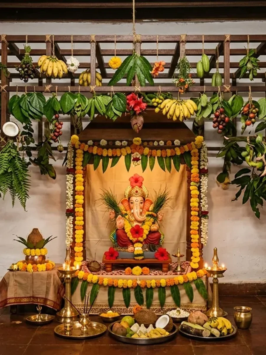 A Goan household shrine with the matoli canopy of fruit and foliage hung above