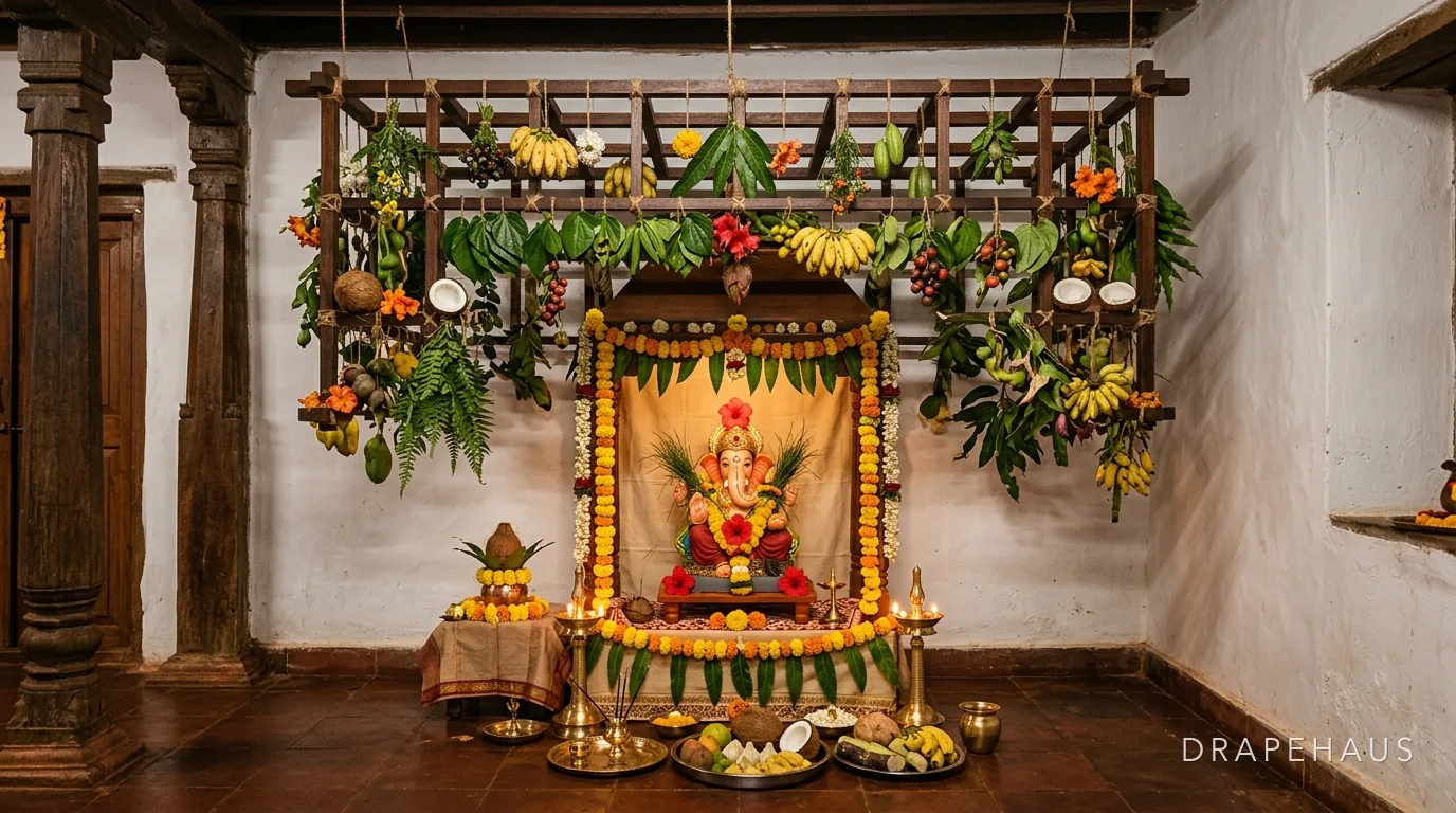 A Goan household shrine with the matoli canopy of fruit and foliage hung above